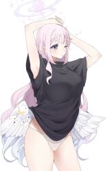 Rule 34 | 1girl, angel wings, black shirt, blue archive, blush, breasts, chipietsu, closed mouth, cowboy shot, feathered wings, groin, halo, highres, large breasts, long hair, mika (blue archive), one eye closed, panties, pink hair, pink halo, shirt, short sleeves, simple background, solo, underwear, white background, white panties, white wings, wings, yellow eyes