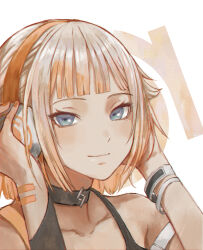 Rule 34 | 1girl, absurdres, black choker, blue eyes, blunt bangs, blush, bracelet, cevio, choker, closed mouth, collarbone, commentary, grey hair, hair flaps, hands on headphones, hands up, highres, jewelry, looking at viewer, medium hair, multicolored hair, one (cevio), orange hair, orange nails, portrait, shirt, sleeveless, sleeveless shirt, smile, solo, spaghetti strap, tsurime, vang 09, white background