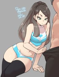 Rule 34 | 1boy, 1girl, agawa ryou, black eyes, black thighhighs, breasts, brown hair, clothes pull, dated, disappointed, frown, grey background, long hair, looking at penis, medium breasts, original, pants, pants pull, short shorts, shorts, simple background, thighhighs, wide hips