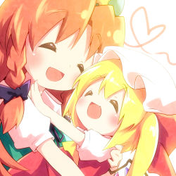 Rule 34 | 2girls, ayakashi (monkeypanch), blonde hair, braid, carrying, closed eyes, fang, female focus, flandre scarlet, hat, heart, hong meiling, multiple girls, open mouth, red hair, ribbon, side ponytail, smile, embodiment of scarlet devil, touhou, twin braids, wings