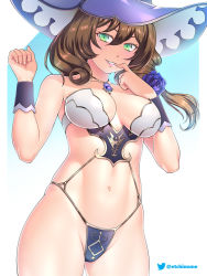 Rule 34 | 1girl, breasts, brown hair, cleavage, etchimune, flower, genshin impact, green eyes, hair flower, hair ornament, hat, jewelry, large breasts, lisa (genshin impact), looking at viewer, navel, necklace, side ponytail, smile, solo, swimsuit, twitter username, witch hat