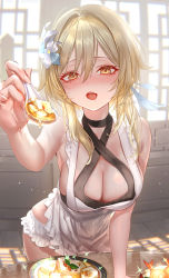 Rule 34 | 1girl, absurdres, apron, blonde hair, breasts, cleavage, flower, food, frilled apron, frills, genshin impact, hair between eyes, hair flower, hair ornament, highres, holding, holding spoon, incoming food, large breasts, leaning forward, long hair, looking at viewer, lumine (genshin impact), pottsness, solo, spoon, stylus, white flower, yellow eyes