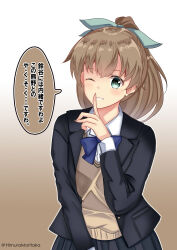 Rule 34 | absurdres, black jacket, black skirt, blazer, blue bow, blue bowtie, bow, bowtie, brown background, brown vest, collared shirt, commentary request, dress shirt, finger to mouth, gradient background, green eyes, hair ribbon, highres, himura moritaka, jacket, kantai collection, kumano (kancolle), light brown hair, long hair, official alternate costume, one eye closed, pleated skirt, ponytail, ribbon, shirt, skirt, sweater vest, translation request, upper body, vest, white background, white shirt