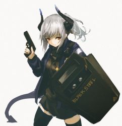 Rule 34 | 1girl, arknights, ballistic shield, black shirt, black skirt, black thighhighs, blue jacket, commentary request, cowboy shot, dragon horns, dragon tail, expressionless, flash shield, grey hair, gun, handgun, hara shoutarou, highres, holding, holding gun, holding shield, holding weapon, horns, jacket, liskarm (arknights), long hair, long sleeves, looking at viewer, miniskirt, open clothes, open jacket, pistol, pleated skirt, ponytail, red eyes, shield, shirt, simple background, skirt, solo, standing, tail, thighhighs, weapon, white background