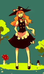 Rule 34 | 1girl, apron, bird, buttons, duck, female focus, from below, grass, hat, kirisame marisa, looking down, mushroom, orange hair, simple background, solo, sweat, terada tera, touhou, tree, witch, witch hat
