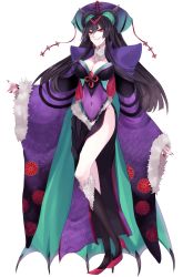 Rule 34 | 1girl, asame21, bad id, bad pixiv id, black hair, black legwear, breasts, cleavage, covered navel, creatures (company), full body, fur trim, game freak, gen 6 pokemon, hair ornament, headpiece, high heels, highres, long hair, looking at viewer, nail polish, nintendo, noivern, personification, pokemon, red footwear, red nails, smile, standing, wide sleeves