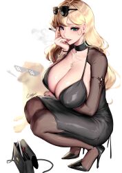 Rule 34 | 1girl, absurdres, bag, black dress, blonde hair, blue eyes, breasts, cheemsburger (doge), cian yo, cigarette, cleavage, deal with it (meme), dollar sign, dress, full body, handbag, high heels, highres, holding, holding cigarette, huge breasts, long hair, meme, original, pantyhose, signature, simple background, smile, squatting, sunglasses, white background