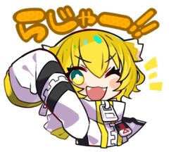 Rule 34 | 1girl, ;d, arm up, blonde hair, chibi, colored tips, cropped torso, denonbu, fangs, green eyes, hair ears, high collar, jacket, kurumitsu, long sleeves, looking at viewer, lowres, multicolored hair, official art, one eye closed, open mouth, short hair, sleeves past fingers, sleeves past wrists, smile, solo, taiga lucia, translation request, transparent background, upper body, v-shaped eyebrows, white hair, white jacket, zipper, zipper pull tab