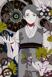 Rule 34 | 1boy, alternate costume, arm behind back, brown flower, clock, colored skin, cowboy shot, expressionless, flower, gears, green eyes, grey background, grey hair, grey robe, highres, hokma (project moon), holding, holding pocket watch, korean clothes, lobotomy corporation, long sleeves, looking at viewer, magnolia, male focus, mature male, monocle, no pupils, pocket watch, project moon, robe, short hair, solo, swept bangs, tassel, tractrix, watch, white flower, white skin, yellow flower