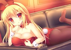 Rule 34 | 1girl, animal ears, ass, bad feet, blonde hair, bow, bowtie, breasts, cleavage, couch, detached collar, fake animal ears, fishnet pantyhose, fishnets, large breasts, long hair, lying, on stomach, original, pantyhose, playboy bunny, rabbit ears, rabbit tail, red eyes, taiki ken, tail, tongue, tongue out, wrist cuffs