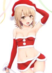 Rule 34 | 1girl, absurdres, armpits, bandeau, bare shoulders, blush, breasts, brown eyes, brown hair, cameltoe, cleavage, collarbone, cowboy shot, elbow gloves, fingerless gloves, fur trim, gloves, hand on own head, hat, highres, inanaki shiki, isshiki iroha, looking at viewer, medium breasts, midriff, navel, open mouth, panties, red gloves, red hat, red panties, red skirt, sack, santa costume, santa hat, short hair, simple background, skirt, solo, standing, strapless, thighhighs, tube top, underwear, white background, yahari ore no seishun lovecome wa machigatteiru.