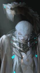 Rule 34 | 1boy, armor, asclepius (fate), au (d elete), black background, breastplate, commentary, crossed bangs, dark, fate/grand order, fate (series), grey eyes, hair between eyes, highres, light rays, long sleeves, looking at viewer, male focus, neon trim, open mouth, red lips, sidelocks, simple background, solo, straight-on, teeth, upper body, white hair, wide sleeves