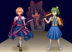 Rule 34 | 3girls, :q, alice margatroid, black eyes, blonde hair, blood, blood on face, blue dress, blue eyes, bois de justice, bow, bowtie, brown footwear, brown hair, capelet, closed mouth, collared shirt, commentary request, cookie (touhou), daiyousei, detached sleeves, dies irae, diyusi (cookie), dress, empty eyes, expressionless, feet out of frame, frilled bow, frilled capelet, frilled dress, frilled hair tubes, frilled hairband, frilled neckwear, frilled sash, frills, full body, green hair, hair between eyes, hair bow, hair tubes, hairband, hakurei reimu, hand on own cheek, hand on own face, high-visibility vest, highres, hinase (cookie), holding, long hair, looking at viewer, looking to the side, mary janes, multiple girls, necktie, noel (cookie), open mouth, pinafore dress, pink hairband, pink necktie, pink sash, puffy short sleeves, puffy sleeves, red bow, red eyes, red shirt, red skirt, sash, shinza bansho series, shirt, shoes, short hair, short sleeves, side ponytail, skirt, skirt set, sleeveless, sleeveless dress, sleeveless shirt, smile, socks, squatting, standing, teeth, tongue, tongue out, touhou, traffic baton, upper teeth only, walking, white capelet, white footwear, white legwear, white shirt, white sleeves, yellow bow, yellow bowtie, yellow necktie, youreizou (lower than -273.15c)