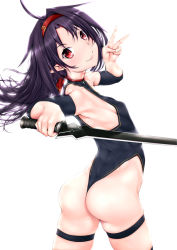 Rule 34 | 1girl, ahoge, arm warmers, ascii media works, ass, bare shoulders, blush, closed mouth, ferinosaki, flat chest, from behind, hairband, highleg, highleg leotard, leotard, long hair, looking at viewer, looking back, pointy ears, purple hair, red eyes, shiny clothes, shiny skin, simple background, smile, solo, sword, sword art online, thigh strap, v, weapon, white background, yuuki (sao)
