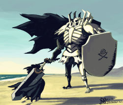 Rule 34 | 1990s (style), armor, beach, berserk, cape, dragonslayer (sword), guts (berserk), huge weapon, ocean, sand, shield, skull knight (berserk), sword, weapon