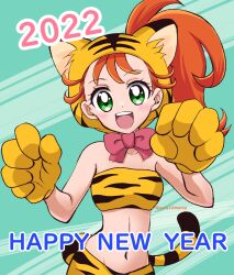 Rule 34 | 1girl, 2022, :d, animal hands, animal print, bandeau, bare shoulders, bow, brown hair, chinese zodiac, commentary, cure10mama, english text, gloves, green background, green eyes, happy new year, long hair, looking at viewer, midriff, natsuumi manatsu, navel, nengajou, new year, open mouth, paw gloves, precure, print bandeau, print skirt, red bow, side ponytail, skirt, smile, solo, standing, tail, tiger hat, tiger print, tiger tail, tropical-rouge! precure, twitter username, year of the tiger, yellow bandeau, yellow gloves, yellow headwear, yellow skirt