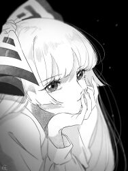 Rule 34 | 1girl, black background, bow, closed mouth, commentary, expressionless, fujiwara no mokou, greyscale, hair bow, hand on own chin, highres, long hair, long sleeves, looking at viewer, mokoiscat, monochrome, portrait, shirt, signature, solo, touhou, two-tone bow
