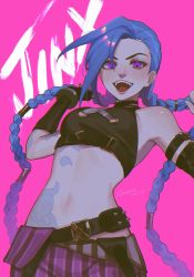 Rule 34 | 1girl, :d, arcane: league of legends, arcane jinx, arm tattoo, asymmetrical bangs, bare shoulders, blue hair, braid, breasts, character name, cloud tattoo, crop top, dated, fingerless gloves, gloves, highres, jinx (league of legends), league of legends, long hair, looking at viewer, navel, noriuma, open mouth, pants, pink background, sharp teeth, shiny skin, shoulder tattoo, smile, solo, striped clothes, striped pants, tattoo, teeth, twin braids, upper teeth only