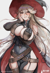 Rule 34 | arm under breasts, bare shoulders, belt, black dress, black gloves, breasts, brown thighhighs, bursting breasts, cleavage, dress, elbow gloves, gloves, granblue fantasy, grin, hand on own face, hat, large breasts, looking at viewer, magisa (granblue fantasy), nextoad, red eyes, seductive smile, side slit, smile, thick thighs, thighhighs, thighs, white hair, witch, witch hat