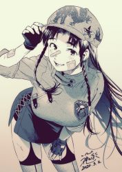 Rule 34 | 1girl, alternate costume, bandaid, bandaid on arm, bandaid on face, bandaid on nose, baseball cap, blush, braid, breasts, commentary, cowboy shot, dated, fingerless gloves, garter straps, gloves, greyscale, grin, hand on headwear, hat, highres, hong meiling, jacket, kamiyama aya, large breasts, leaning forward, long hair, looking at viewer, miniskirt, monochrome, parted bangs, side braids, signature, simple background, skirt, smile, solo, thighhighs, thighs, tomboy, touhou, twin braids