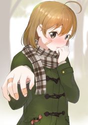 Rule 34 | 10s, 1girl, ahoge, bandages, bandaged fingers, bandaid, bandaid on face, blush, brown eyes, brown hair, crab, hand on own chin, jacket, kantai collection, long sleeves, looking at viewer, masukuza j, oboro (kancolle), open mouth, outstretched arm, scarf, short hair, solo