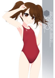 Rule 34 | 1girl, artist name, brown eyes, brown hair, character name, collarbone, competition swimsuit, cowboy shot, eyes visible through hair, flat chest, hair between eyes, highres, inaba shiki, kantai collection, logo, long hair, looking at viewer, one-hour drawing challenge, one-piece swimsuit, red one-piece swimsuit, ryuujou (kancolle), simple background, smile, solo, standing, swimsuit, twintails, white background