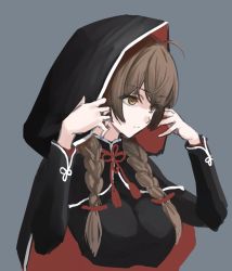 Rule 34 | 1girl, black capelet, braid, breasts, brown hair, capelet, cropped torso, faker ktd, grey background, hood, hood up, hooded capelet, kantai collection, large breasts, long hair, shinshuu maru (kancolle), simple background, solo, twin braids, upper body