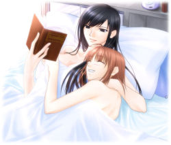 Rule 34 | 00s, 2girls, alarm clock, back, bare back, bare shoulders, bed, bed sheet, black eyes, black hair, book, grabbing another&#039;s breast, breasts, brown hair, cleavage, clenched teeth, clock, couple, covering privates, english text, closed eyes, female focus, fervent idiot, fukuzawa yumi, grabbing, hair down, hand on another&#039;s neck, hand on neck, happy, hug, long hair, lying, maria-sama ga miteru, multiple girls, nude, ogasawara sachiko, on back, on side, open book, pillow, short hair, smile, sunlight, teeth, under covers, yuri