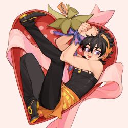 Rule 34 | 1boy, arms up, black hair, blush, bound, bound wrists, box, english text, food print, gift tag, ginmu, headband, heart-shaped box, implied yaoi, in box, in container, jojo no kimyou na bouken, leg up, long hair, looking to the side, male focus, narancia ghirga, pants, pants under skirt, pink background, print ribbon, print skirt, purple eyes, ribbon, ribbon bondage, skirt, smile, solo, strawberry print, tag, tank top, themed object, tongue, tongue out, vento aureo