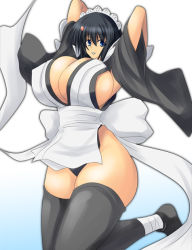 Rule 34 | 1girl, armpits, arms behind head, arms up, bent over, black hair, black thighhighs, blue eyes, breasts, choker, cleavage, covered erect nipples, curvy, female focus, hair ornament, hairclip, highleg, hip focus, huge breasts, iroha (samurai spirits), jumping, knees, legs, maid, maid headdress, samurai spirits, short hair, sideboob, simple background, snk, solo, thighhighs, thighs, umino mokuzu (a4 size), wide hips