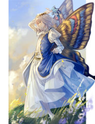 Rule 34 | 1boy, arthropod boy, barefoot, blue eyes, bug, butterfly, butterfly wings, cape, chinese commentary, crown, diamond hairband, fate/grand order, fate (series), flower, from side, full body, fur trim, grass, grey hair, hand up, highres, holding, holding clothes, holding shoes, insect, insect wings, light smile, long sleeves, looking at viewer, looking to the side, male focus, medium hair, oberon (fate), puffy sleeves, shichimi (ftlvampire32), shoes, sky, solo, unworn shoes, wings