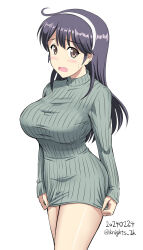 Rule 34 | 1girl, ahoge, black hair, breasts, brown eyes, cowboy shot, embarrassed, green sweater, hairband, highres, kantai collection, kishi nisen, large breasts, long hair, long sleeves, naked sweater, open mouth, ribbed sweater, solo, standing, sweater, ushio (kancolle), white hairband