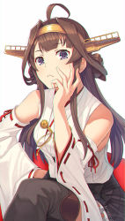 Rule 34 | 1girl, ahoge, black skirt, boots, brown hair, commentary request, cowboy shot, detached sleeves, double bun, hair bun, hairband, hand on own face, headgear, highres, itou (onsoku tassha), japanese clothes, kantai collection, kongou (kancolle), kongou kai ni (kancolle), long hair, looking at viewer, pleated skirt, ribbon-trimmed sleeves, ribbon trim, simple background, sitting, skirt, solo, thigh boots, thighhighs, white background