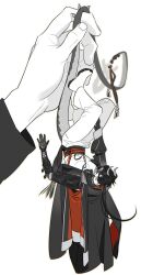 Rule 34 | 1boy, arknights, armor, black coat, black hair, chong yue (arknights), coat, commentary request, dragon boy, dragon horns, dragon tail, earrings, facing up, full body, grey hair, highres, holding another&#039;s tail, horns, jewelry, jjeobjjeobdogta (wjqwjqehrxk), korean commentary, lifting person, limited palette, long hair, long sleeves, low ponytail, male focus, mini person, miniboy, multicolored hair, out of frame, pauldrons, pointy ears, rerebrace, ribbon, shoulder armor, simple background, single sleeve, solo focus, streaked hair, tail, tail ornament, tail ribbon, upside-down, very long tail, white background