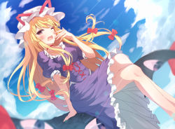 Rule 34 | 1girl, adapted costume, alternate eye color, blonde hair, blue sky, blush, bodice, bow, brown eyes, choker, cloud, crossed legs, day, dutch angle, eyebrows, floating, frilled skirt, frilled sleeves, frills, gap (touhou), hair bow, hand up, hat, hat ribbon, legs, light trail, long hair, looking afar, mitaki, mob cap, one eye closed, open mouth, outdoors, puffy short sleeves, puffy sleeves, purple shirt, purple skirt, red bow, ribbon, shirt, short sleeves, sitting, skirt, skirt set, sky, solo, touhou, very long hair, wind, yakumo yukari