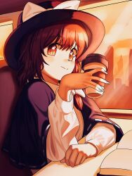 Rule 34 | 1girl, black capelet, black hat, book, bow, brown eyes, brown hair, capelet, closed mouth, coffee cup, commentary request, cup, disposable cup, fedora, hat, hat bow, highres, indoors, long sleeves, pov, puffy sleeves, shirt, single sidelock, smile, solo, sunset, table, touhou, turtle-kun, usami renko, white bow, white shirt, window