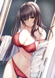 Rule 34 | 1girl, :o, blush, bra, breasts, cleavage, collarbone, cowboy shot, embroidery, floating hair, gluteal fold, groin, hair between eyes, hand up, head tilt, highres, holding, large breasts, lingerie, liya, long sleeves, looking at viewer, navel, off shoulder, open clothes, open shirt, original, panties, panty pull, parted lips, raised eyebrows, red bra, red panties, shirt, side ponytail, solo, standing, stomach, straight hair, strap slip, thighs, underwear, white shirt