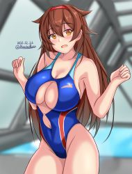 Rule 34 | 1girl, blue one-piece swimsuit, breasts, brown eyes, brown hair, cleavage cutout, clothing cutout, commentary request, competition swimsuit, covered navel, cowboy shot, hair flaps, hairband, highres, indoors, kantai collection, large breasts, long hair, montemasa, one-piece swimsuit, red hairband, rei no pool, shiratsuyu (kancolle), shiratsuyu kai ni (kancolle), solo, swimsuit