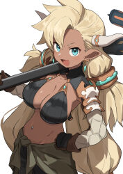 Rule 34 | 1girl, absurdres, almeida (granblue fantasy), asymmetrical bangs, bikini, blonde hair, blue eyes, breasts, cleavage, clothes around waist, cowboy shot, dark-skinned female, dark skin, draph, earrings, gazacy (dai), gloves, granblue fantasy, highres, horns, jewelry, large breasts, linea alba, long hair, looking at viewer, midriff, navel, navel piercing, open mouth, over shoulder, piercing, pointy ears, shirt, shirt around waist, shrug (clothing), smile, solo, swimsuit, very long hair, weapon, weapon over shoulder, white background
