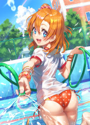 Rule 34 | 1girl, :d, ass, barefoot, bikini, blue eyes, blue sky, bracelet, cloud, commentary request, dated, day, empty pool, gym uniform, hair ornament, hair scrunchie, halterneck, highres, hose, jewelry, kosaka honoka, looking at viewer, looking back, love live!, love live! school idol festival, love live! school idol project, no pants, open mouth, orange hair, outdoors, pool, scrunchie, shirt, short hair, side-tie bikini bottom, side ponytail, signature, sky, smile, soles, solo, star (symbol), swimsuit, teeth, upper teeth only, water, wedo, wet, wet clothes, wet shirt