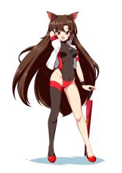 Rule 34 | 1girl, animal ears, arms behind head, breasts, brown hair, gem, high heels, imaizumi kagerou, jacket, jewelry, kagayama hajime, leotard, medium breasts, necklace, open clothes, open jacket, race queen, red eyes, simple background, stiletto heels, thighhighs, touhou, umbrella, white background, wolf ears