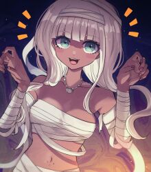 Rule 34 | 1girl, :d, artist name, bandaged arm, bandaged head, bandages, bare shoulders, blush stickers, claw pose, collarbone, danganronpa (series), danganronpa v3: killing harmony, dark-skinned female, dark skin, grey hair, happy, jewelry, looking at viewer, mikao (eanv5385), multicolored background, mummy costume, navel, navel piercing, necklace, notice lines, open mouth, piercing, sarashi, shell, shell necklace, smile, solo, upper body, watermark, yonaga angie