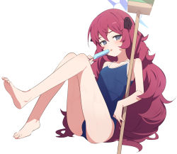 Rule 34 | 1girl, barefoot, black ribbon, blue archive, blue one-piece swimsuit, broom, crossed bangs, food, full body, hair between eyes, hair ribbon, halo, highres, holding, holding broom, holding food, iroha (blue archive), knees up, long hair, looking at viewer, one-piece swimsuit, popsicle, red hair, ribbon, sidelocks, simple background, solo, supershiruco, swimsuit, tongue, tongue out, wavy hair, white background