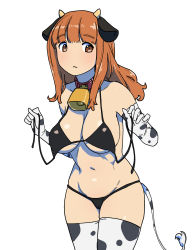 Rule 34 | 1girl, animal ears, animal print, bell, bikini, black bikini, breasts, brown eyes, cameltoe, cleavage, closed mouth, collar, cow ears, cow print, cow tail, cowbell, cowboy shot, elbow gloves, girls und panzer, gloves, highres, horns, large breasts, leaning forward, long hair, looking at viewer, onsen tamago (hs egg), orange hair, partially undressed, print thighhighs, simple background, solo, standing, string bikini, swimsuit, tail, takebe saori, thighhighs, untied bikini, white background, white gloves, white thighhighs