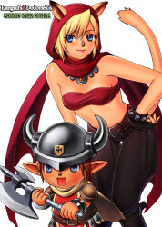 Rule 34 | 1boy, 1girl, :d, adventurer (ff11), animal ears, animal nose, archived source, axe, bandeau, bare shoulders, battle axe, belt, black gloves, black pants, blonde hair, blue eyes, brand name imitation, breasts, brown belt, brown hair, cape, cat ears, cat girl, cat tail, closed mouth, cosplay, covered erect nipples, dimsdale, dimsdale (cosplay), dungeons &amp; dragons: shadow over mystara, dungeons &amp; dragons, fake horns, final fantasy, final fantasy xi, fingerless gloves, gloves, grey headwear, hair between eyes, hand on own hip, helmet, holding, holding axe, hood, hood up, horned helmet, horns, medium breasts, midriff, mithra (ff11), moriah, moriah (cosplay), navel, open mouth, pants, pink lips, pointy ears, red bandeau, simple background, smile, standing, studded gloves, tail, tail raised, taisai soft, tarutaru, thigh gap, weapon, white background, yellow cape