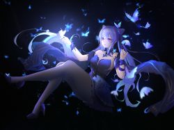 Rule 34 | 1girl, absurdres, arm up, black background, black pantyhose, blue butterfly, bug, butterfly, closed mouth, dido (magicc), dress, eyes visible through hair, full body, genshin impact, hair ribbon, high heels, highres, insect, keqing (genshin impact), keqing (opulent splendor) (genshin impact), light smile, lips, long hair, looking at viewer, official alternate costume, pantyhose, purple dress, purple eyes, purple footwear, purple hair, ribbon, solo, star (symbol), starry background, twintails