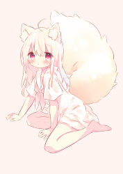 Rule 34 | 1girl, absurdres, ahoge, animal ear fluff, animal ears, bad id, bad pixiv id, barefoot, between legs, blonde hair, blush, brown background, commentary request, dress, full body, hair between eyes, hand between legs, highres, long hair, looking at viewer, neckerchief, original, parted lips, pink neckerchief, red eyes, sailor collar, sailor dress, short sleeves, simple background, sitting, solo, tail, white dress, white sailor collar, yokozuwari, yunochia