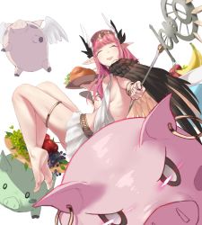 Rule 34 | 1girl, barefoot, bracelet, breasts, circe (fate), closed eyes, den (kur0 yuki), fate/grand order, fate (series), food, fruit, happy, head wings, highres, holding, holding staff, jewelry, long hair, looking at viewer, open mouth, pig, pink hair, pointy ears, riding, robe, skirt, small breasts, smile, solo, staff, white robe, white skirt, wings