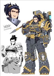 Rule 34 | 1girl, armor, belt, black armor, black hair, breastplate, breasts, chain, cleavage, closed mouth, ferrus manus, forgebreaker, gauntlets, genderswap, genderswap (mtf), gold trim, greaves, gun, highres, holding, holding weapon, iron hands (warhammer), large breasts, mechanical arms, multiple views, muscular, muscular female, open mouth, pauldrons, ponytail, power armor, primarch, ryuusei (mark ii), scar, scar on face, short hair, shoulder armor, signature, skull, solo, teeth, war hammer, warhammer 40k, weapon, white background