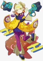 Rule 34 | 1girl, duel monster, ear ornament, fake horns, gloves, green eyes, hand fan, holding, horned headwear, horns, ishii (young-moon), japanese clothes, jewelry, kimono, mask, noh-p.u.n.k. ze amin, noh mask, pantyhose, purple pantyhose, short kimono, very long sleeves, yu-gi-oh!